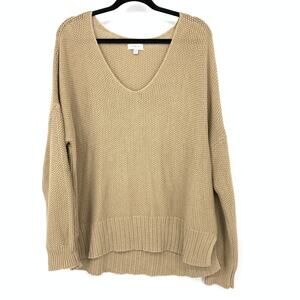 Lucky Brand Crew Neck Pullover Knit Sweater Womens Size L Tan V-Neck Long Sleeve